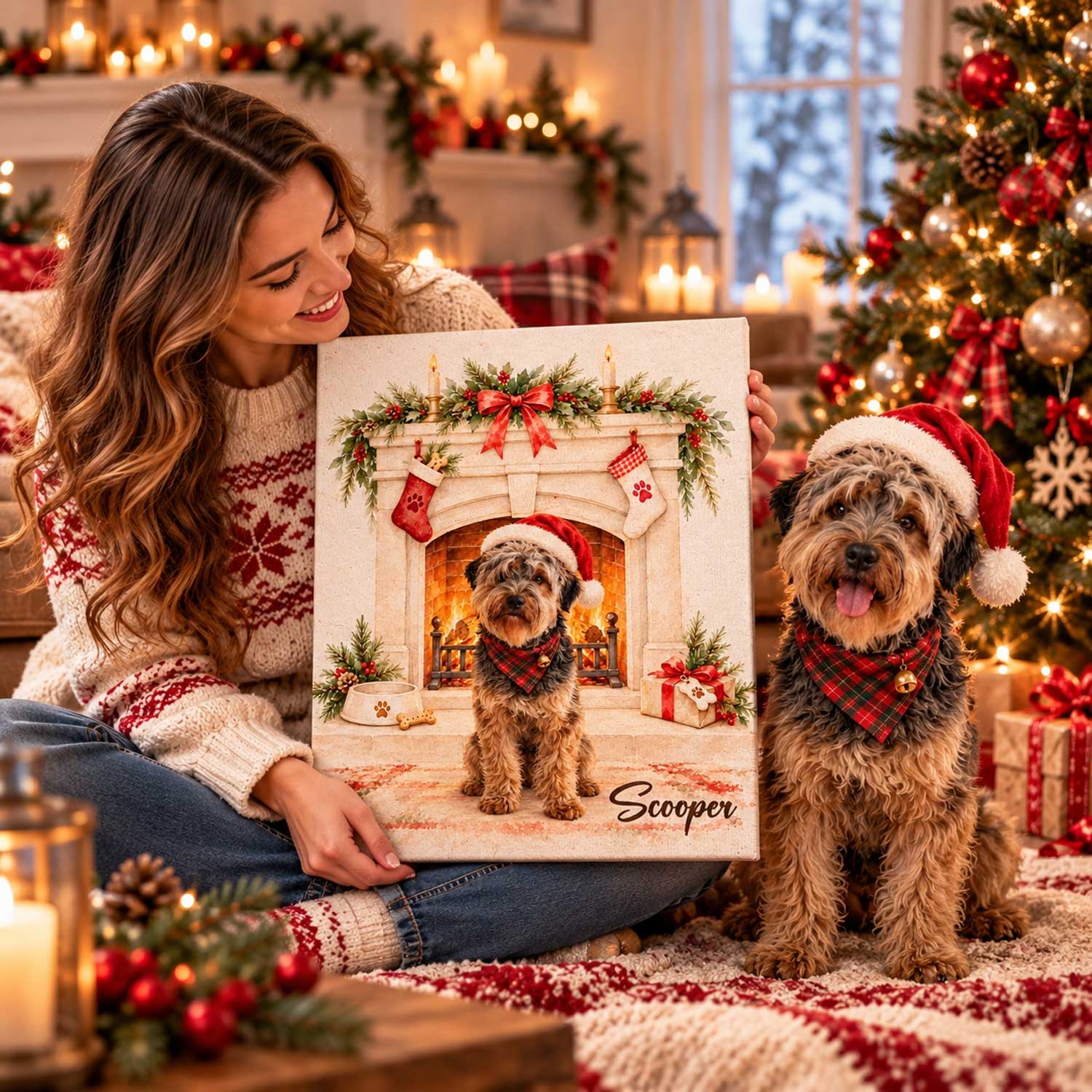 Personalized Dog Christmas Fireplace Canvas Print, Custom Holiday Pet Portrait Wall Art, Cozy Rustic Decor Gift for Dog Lovers 3 Personalized Dog Christmas Fireplace Canvas Print, Custom Holiday Pet Portrait Wall Art, Cozy Rustic Decor Gift for Dog Lovers