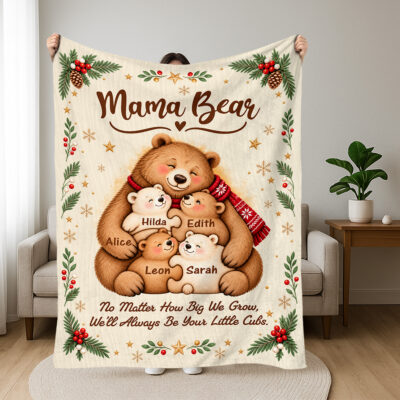 Personalized Mama Bear Christmas Blanket, Custom Kids Names Bear Family Fleece Blanket, Christmas Gift for Mom from Children